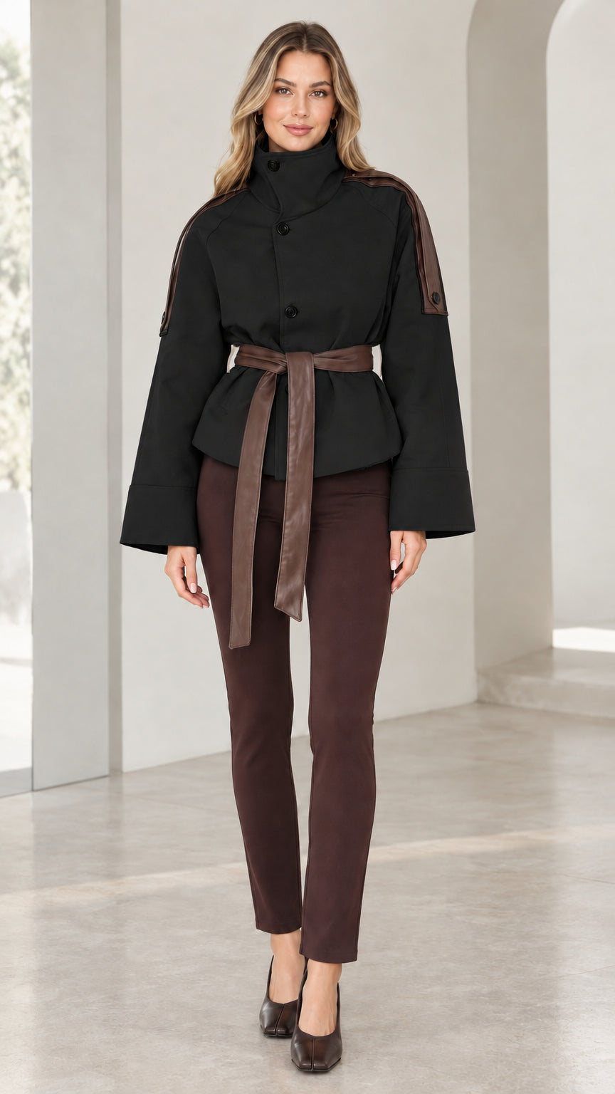 Model wearing black high-neck short trench jacket with brown waist belt and shoulder trim