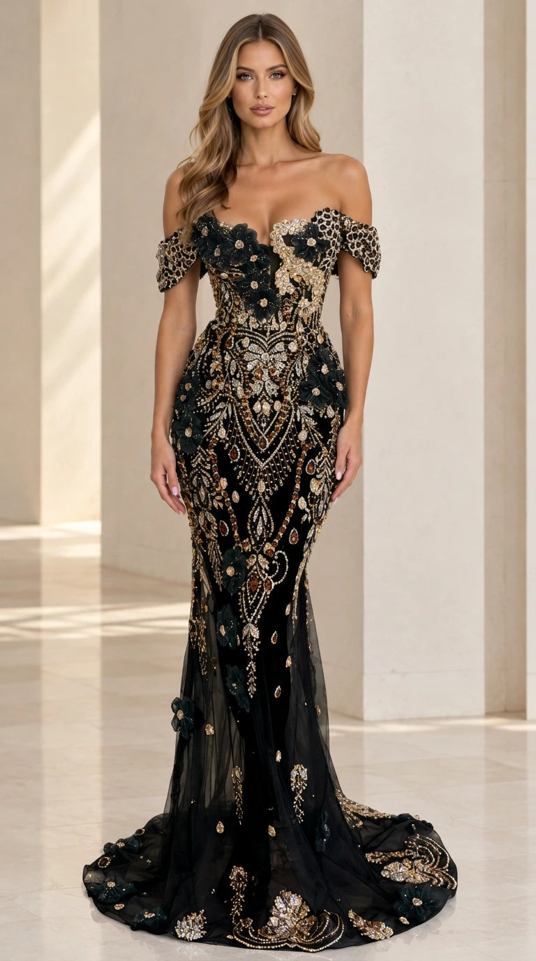 Black embroidered off-the-shoulder mermaid gown with floral appliqués