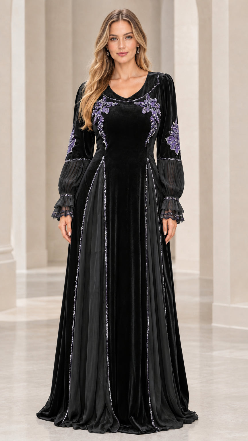 Model wearing Classic Black embroidered velvet maxi dress