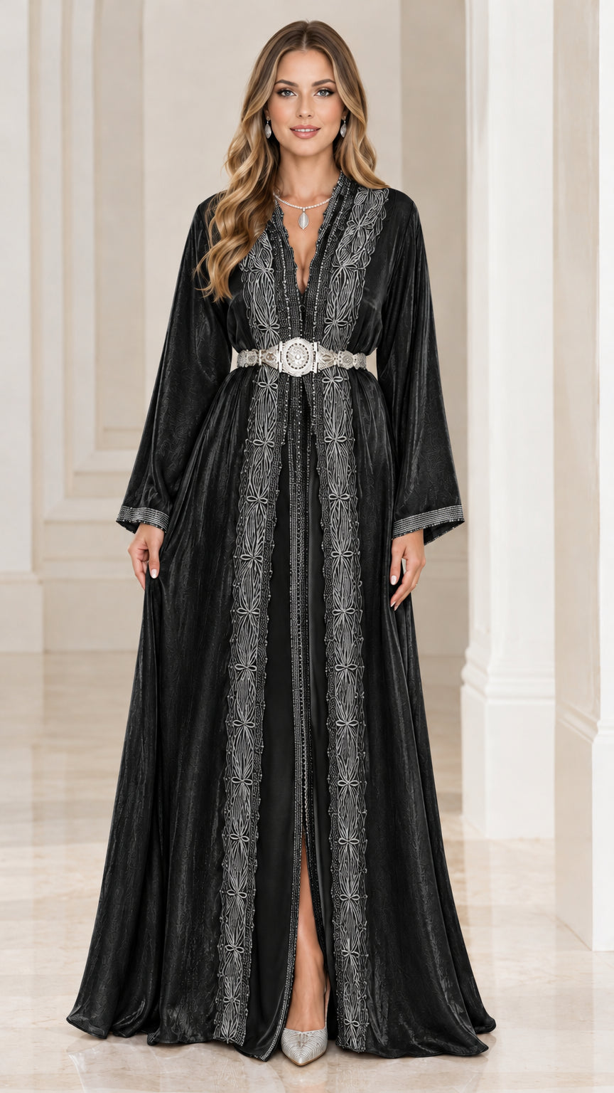 Black embroidered shimmer caftan evening maxi dress with belt