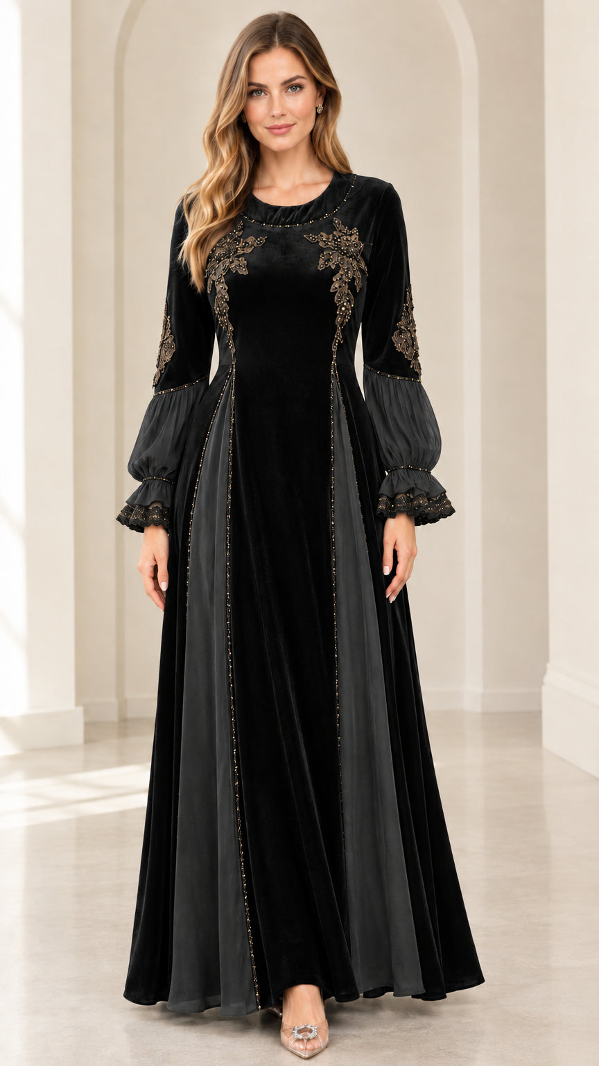 Model wearing black velvet embroidered maxi dress with sheer bishop sleeves