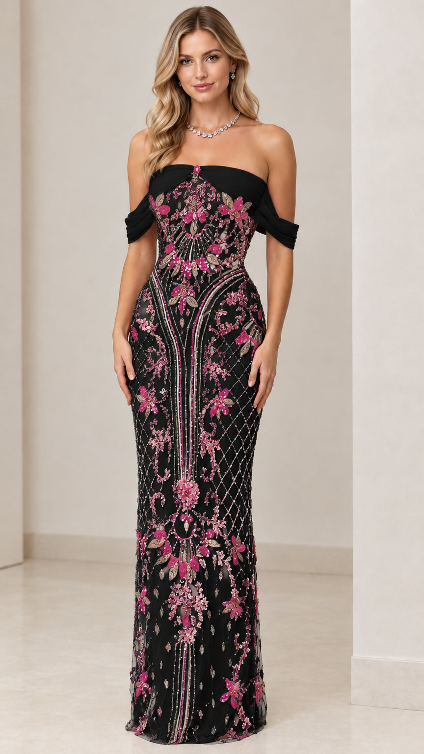 Model wearing Black off-shoulder beaded floral evening gown