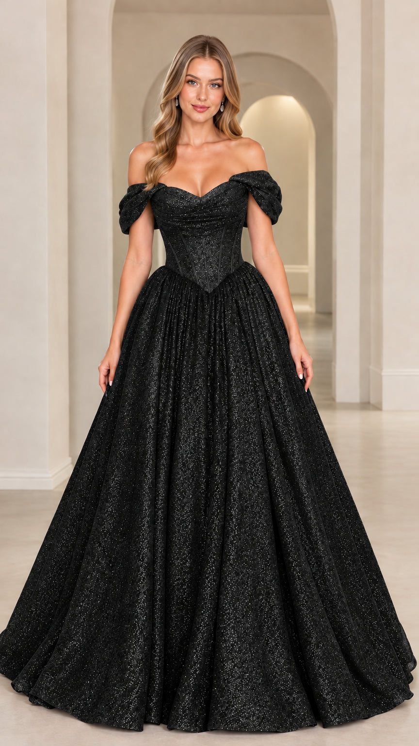 Front view of model wearing Black glitter off-the-shoulder ball gown
