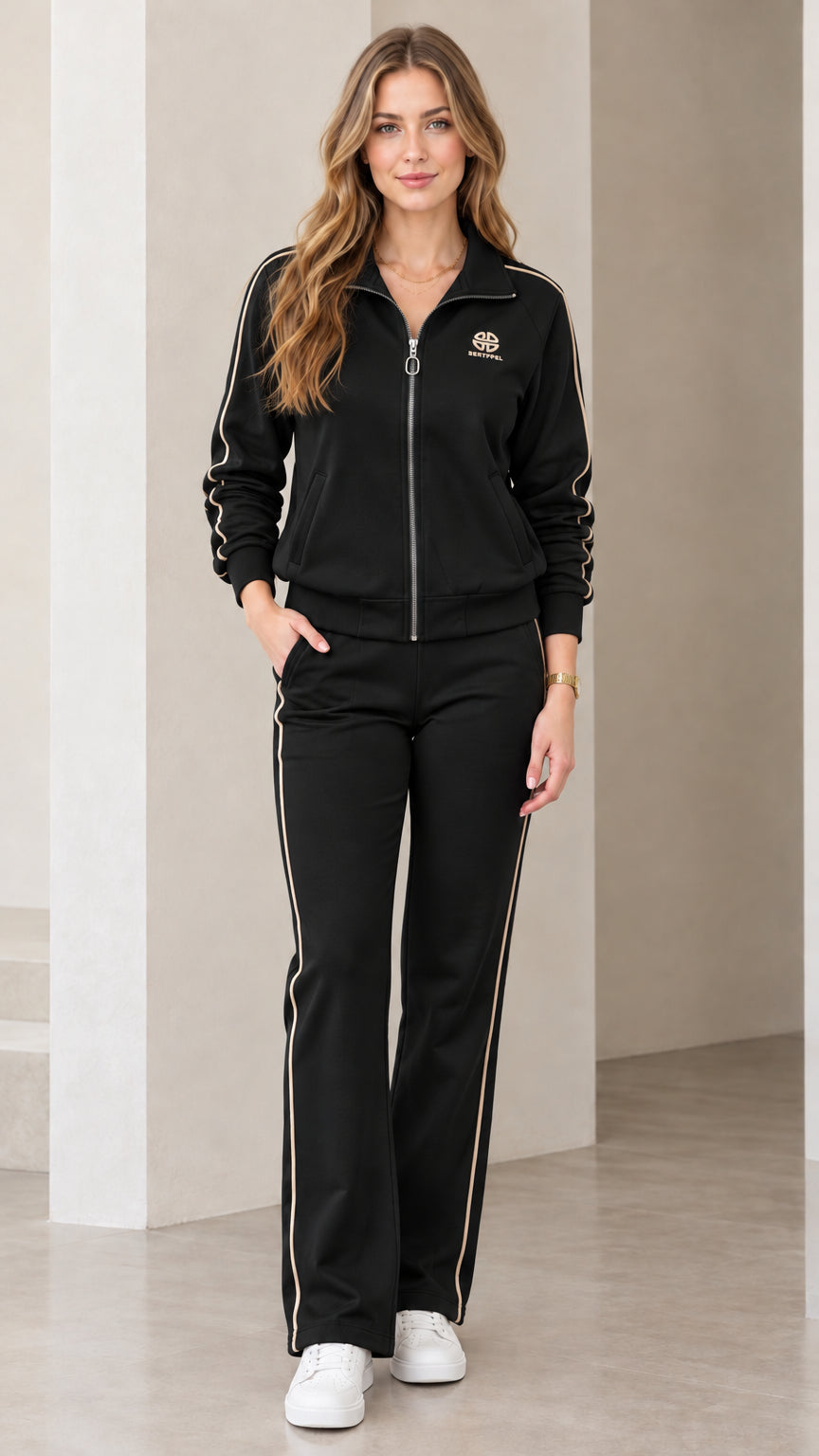 Women's black two-piece tracksuit set with contrast beige side stripes