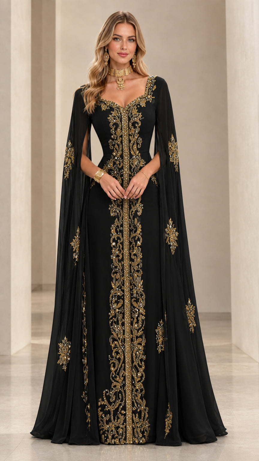 Black embroidered cape sleeve kaftan evening dress with gold floral sequins