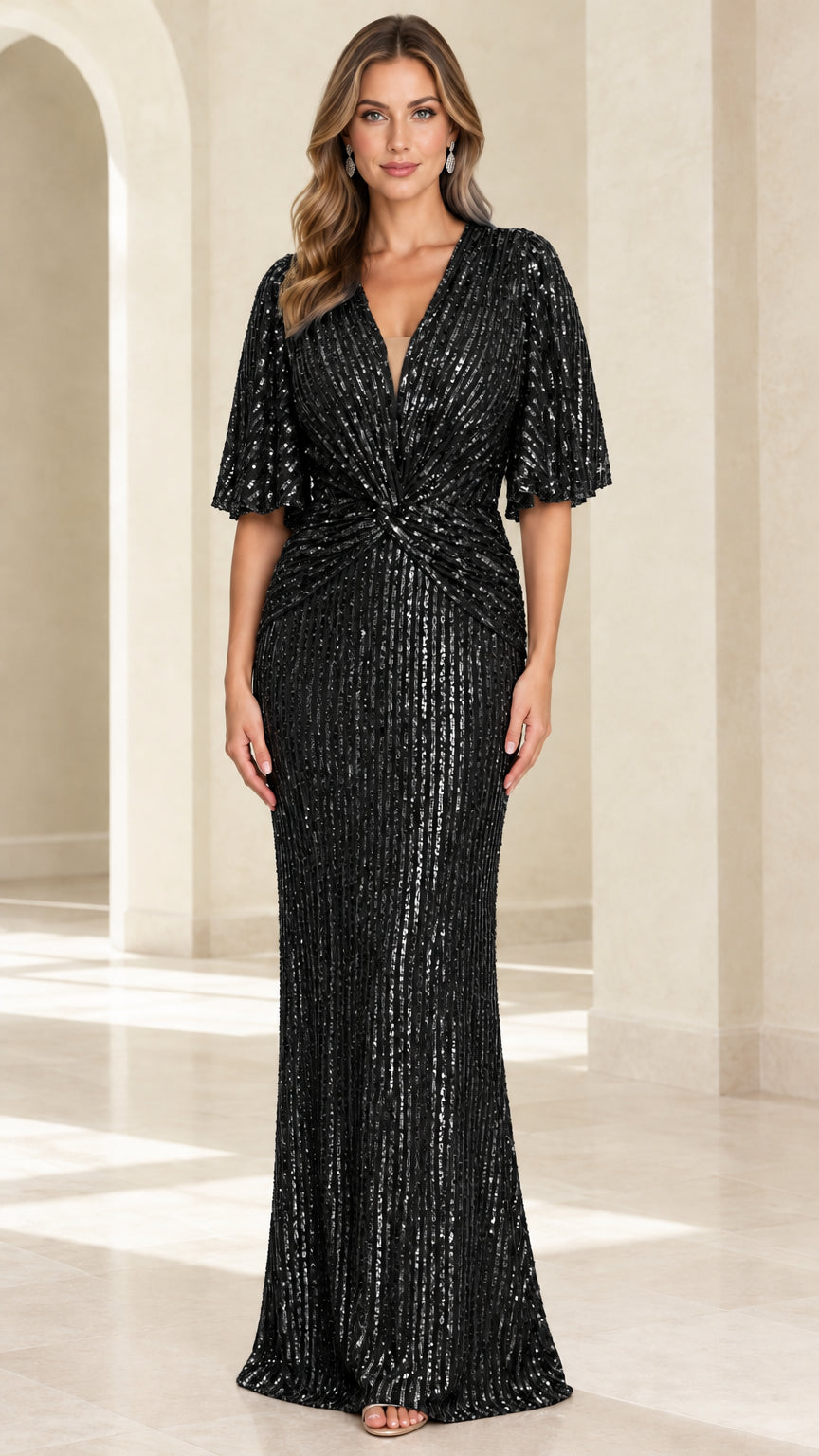 Full front view of black sequin flutter sleeve formal evening gown