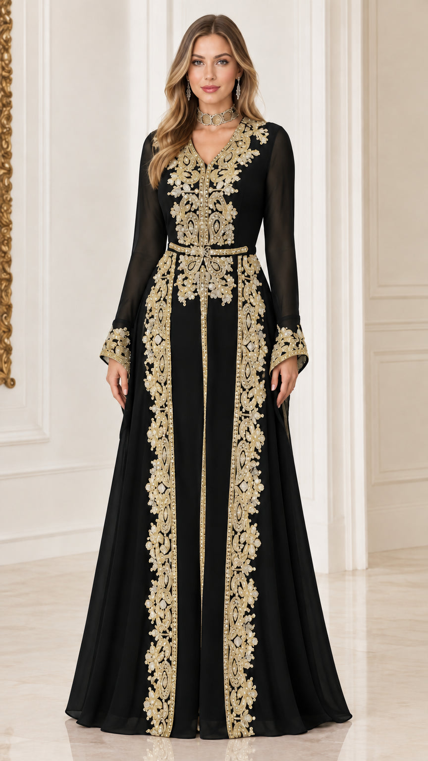 Black embroidered Moroccan caftan maxi evening dress with gold accents