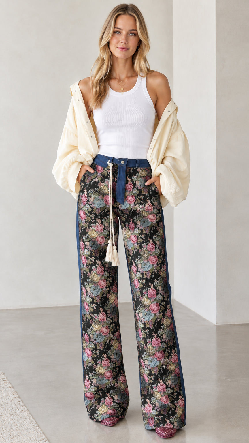 Model wearing Black Floral wide-leg pants with denim contrast details