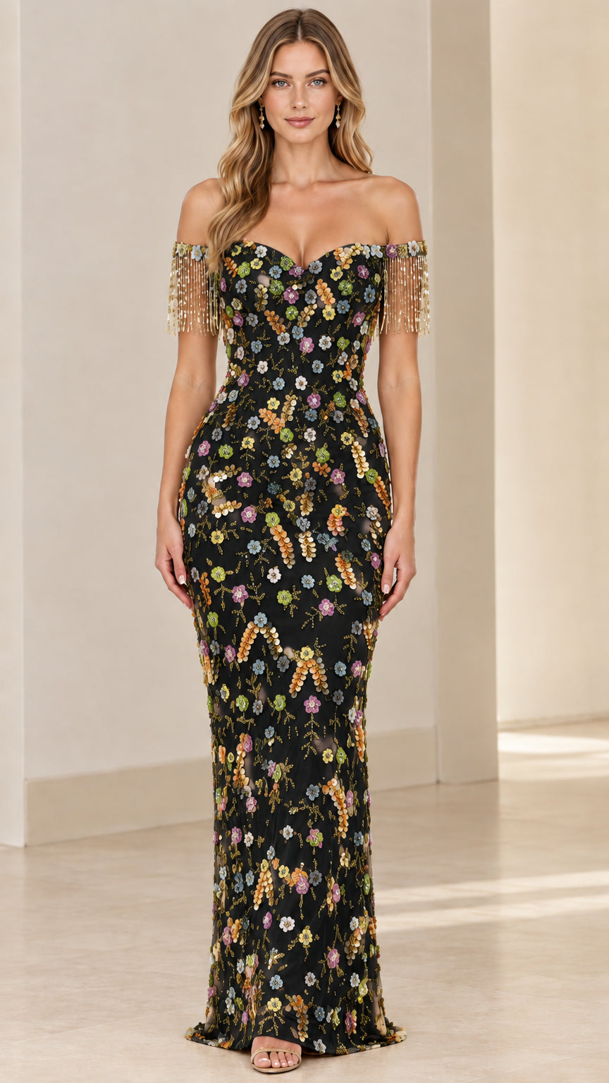 Black floral sequin embroidered off-the-shoulder evening gown with fringe sleeves