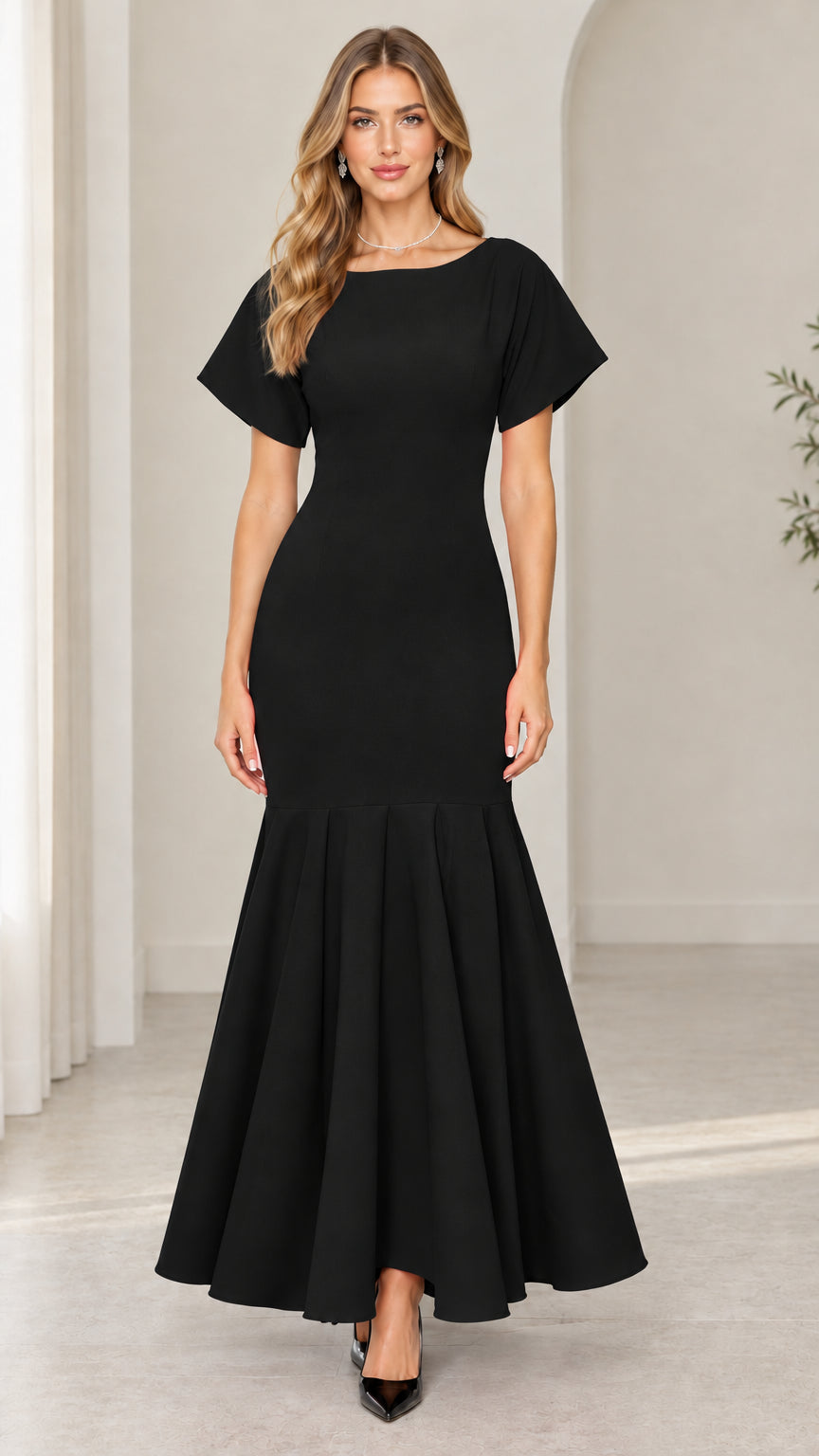 Front view of woman wearing black short sleeve mermaid maxi dress