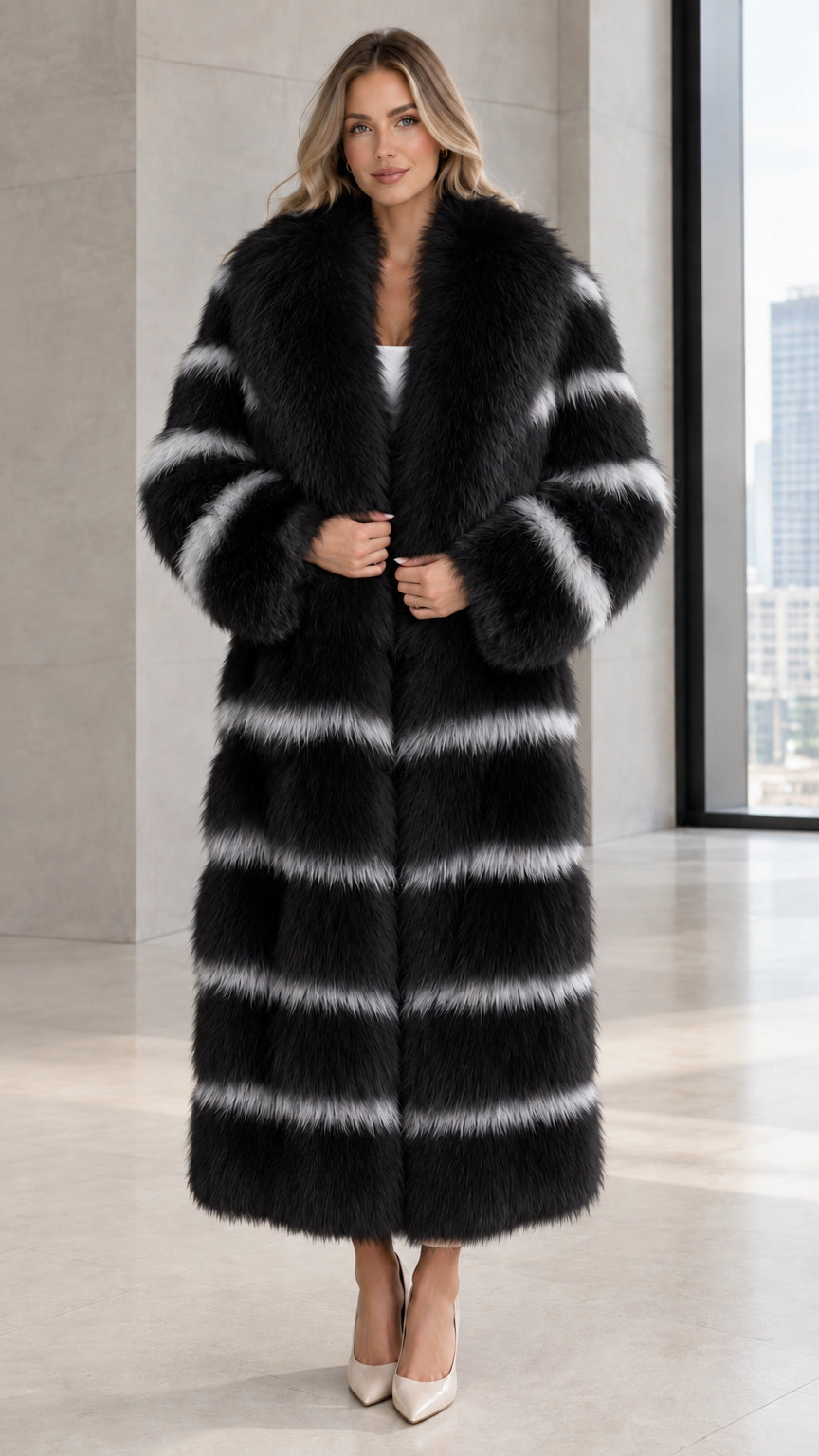 Front view of woman wearing black and white striped maxi faux fur coat