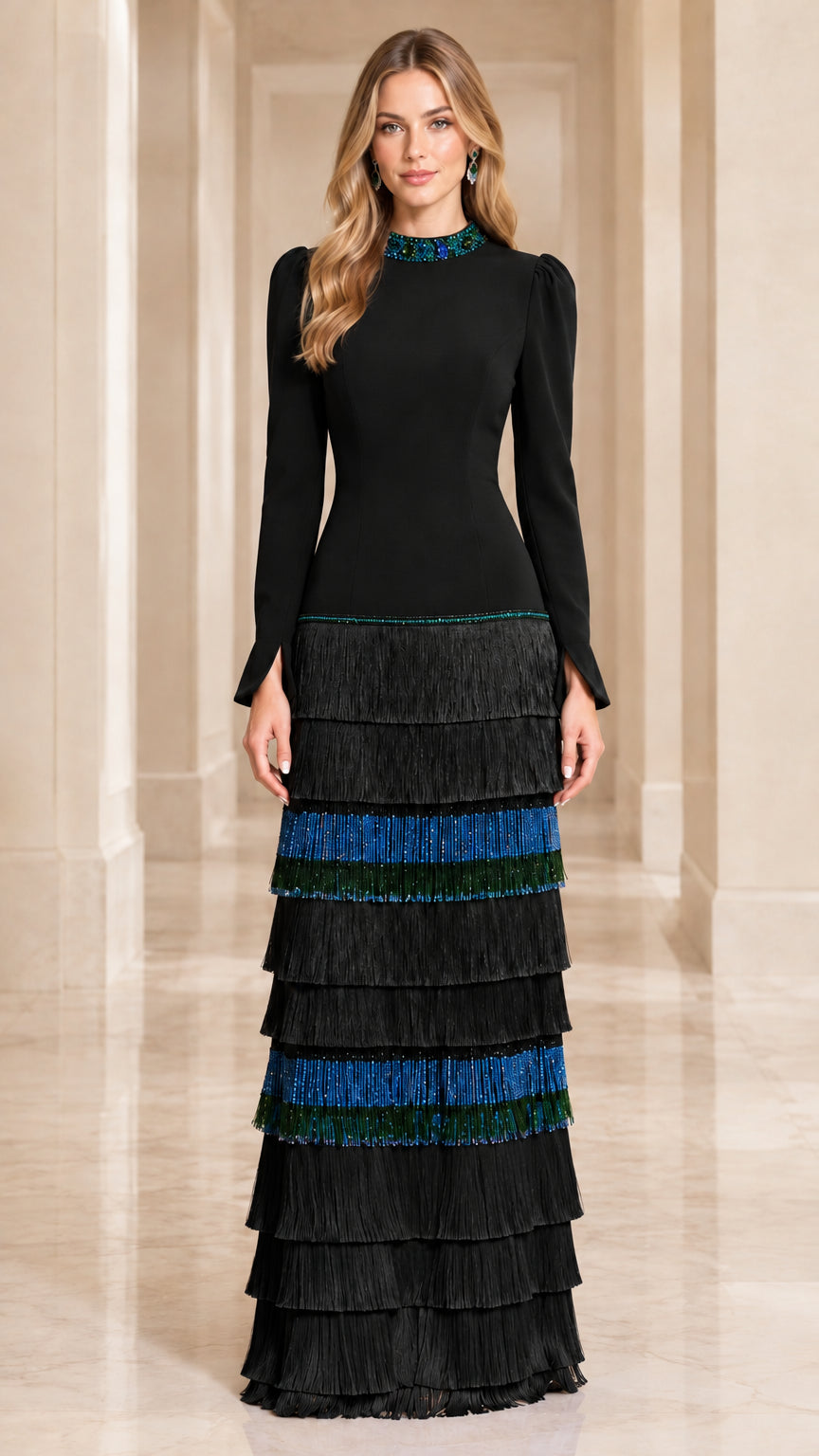 Front view of model wearing Black and blue accent tiered fringe maxi dress