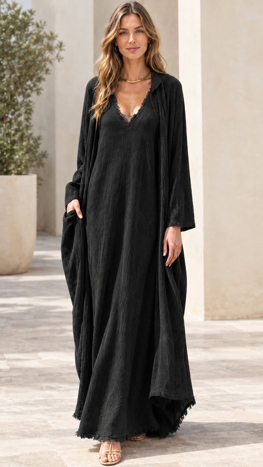 Women's 2-piece crinkle maxi dress and duster set in Black