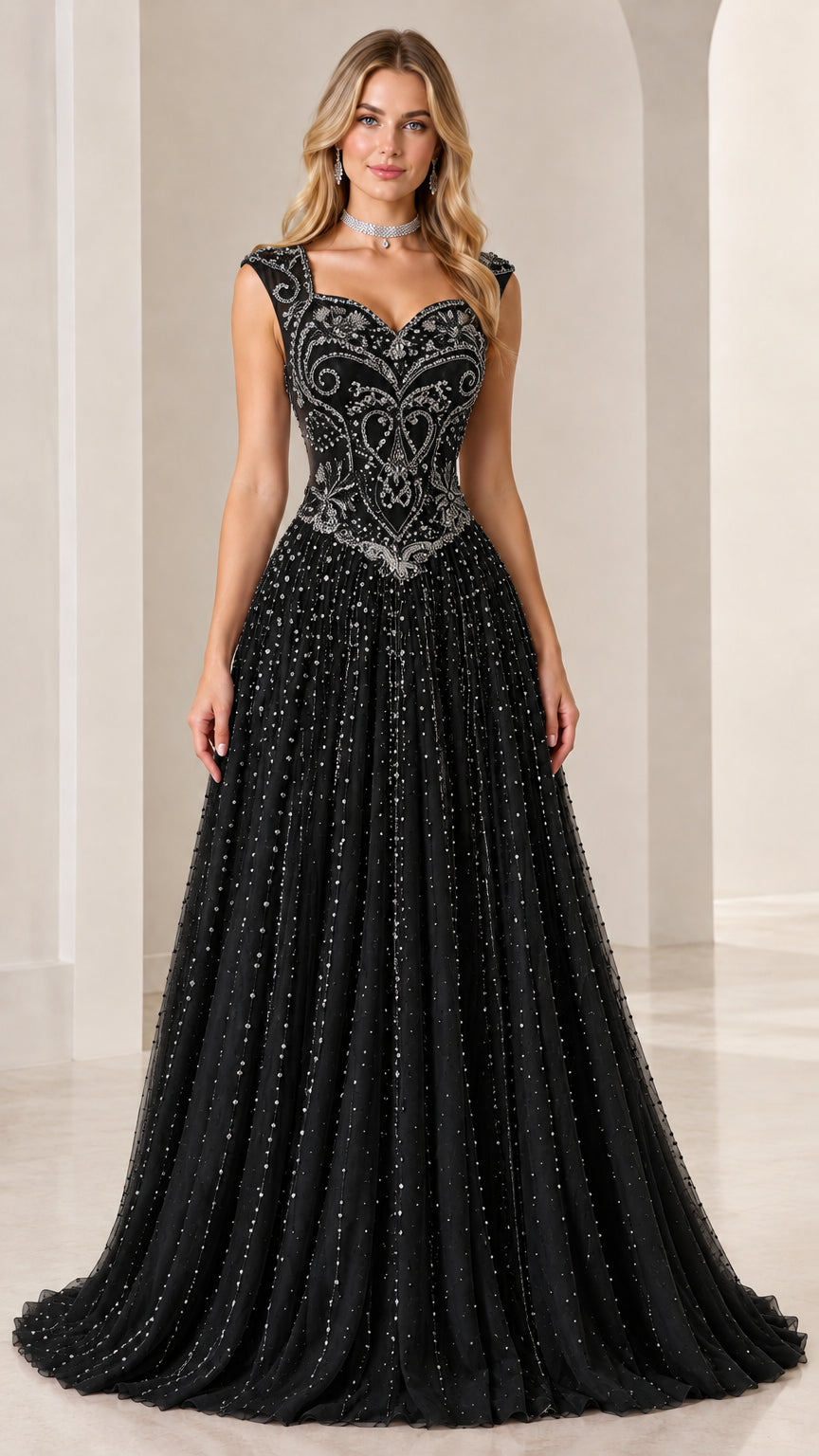 Front view of black beaded sleeveless A-line formal evening gown
