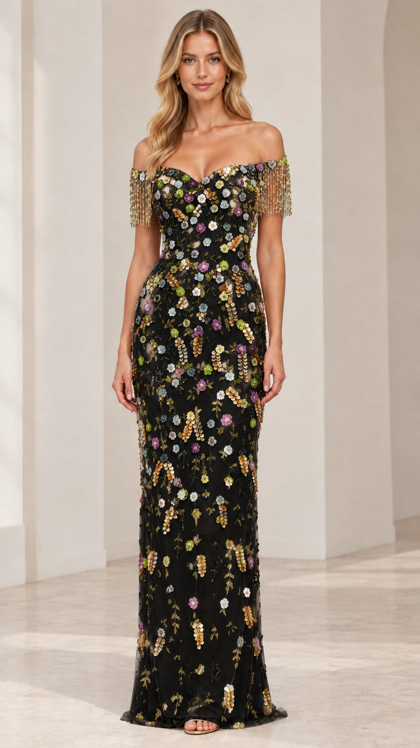 Black off-the-shoulder floral embroidered evening gown with beaded fringe