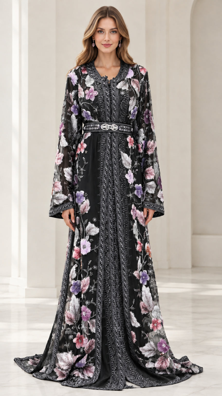 Full-length front view of black floral embroidered caftan evening dress with belt