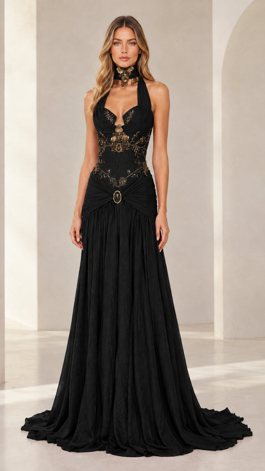 Black embellished halter neck corset evening gown on model