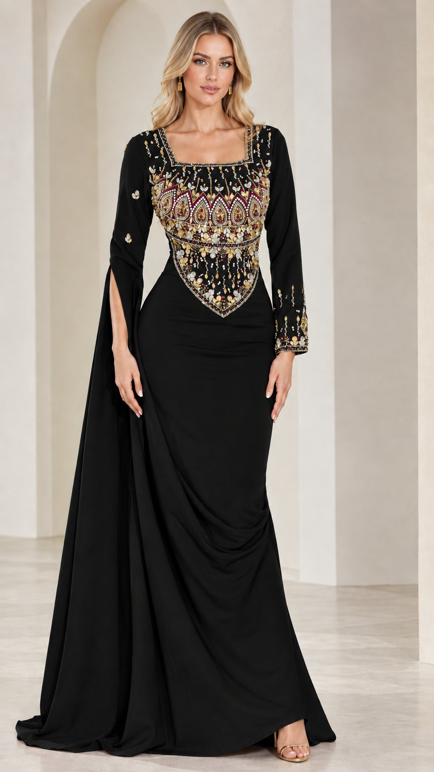 Black embellished square neck long sleeve evening gown
