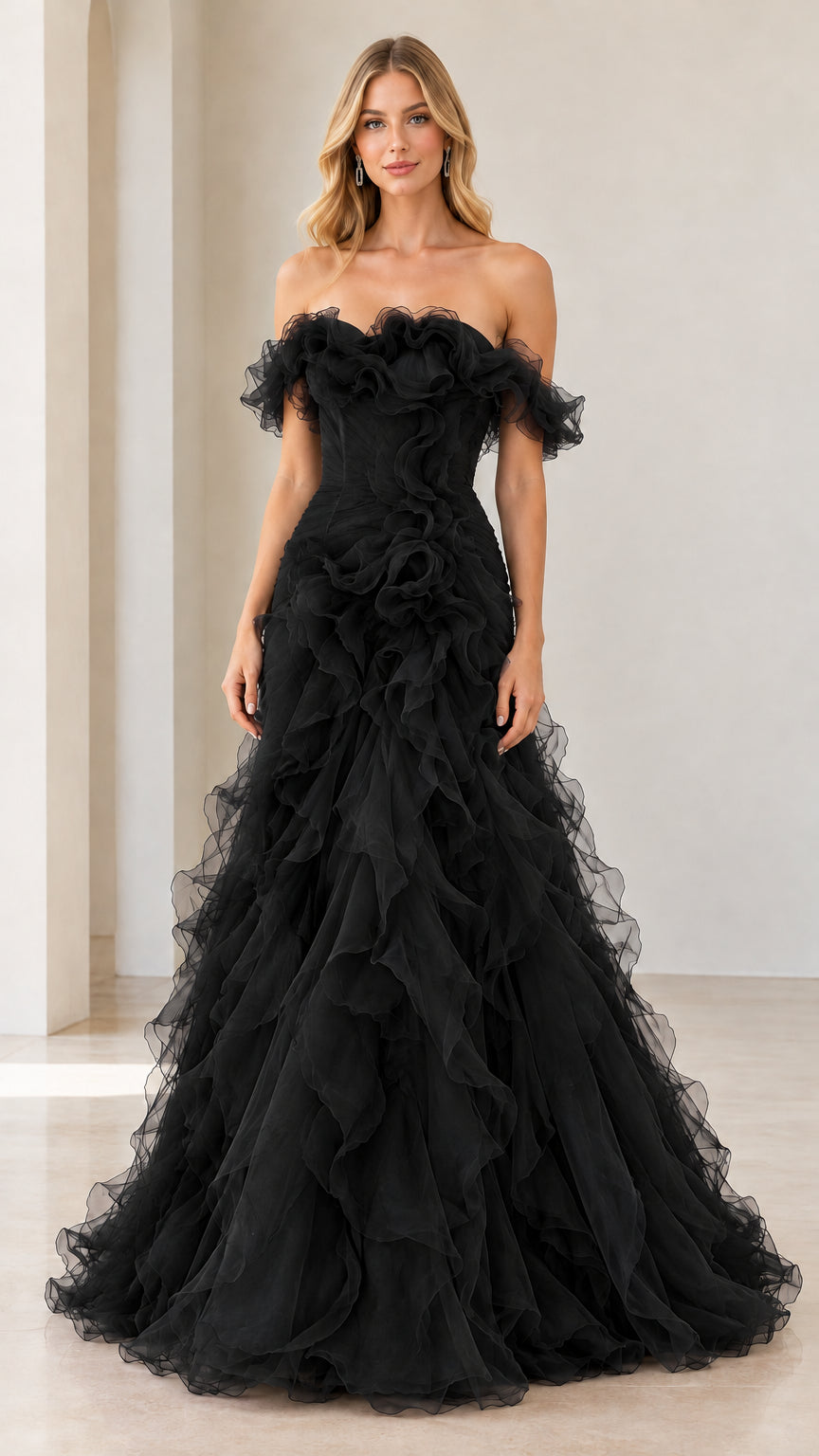 Full-length view of black off-the-shoulder tiered ruffle formal evening gown