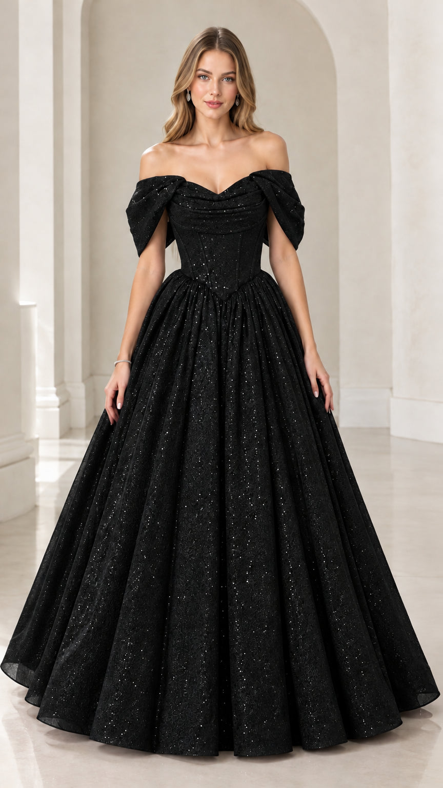 Black off-the-shoulder glitter basque waist evening ball gown