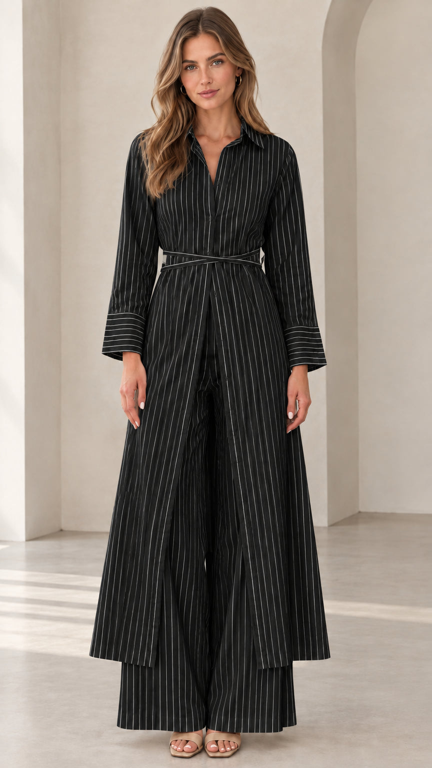 Woman wearing Black pinstripe longline tunic and wide-leg pant two-piece set