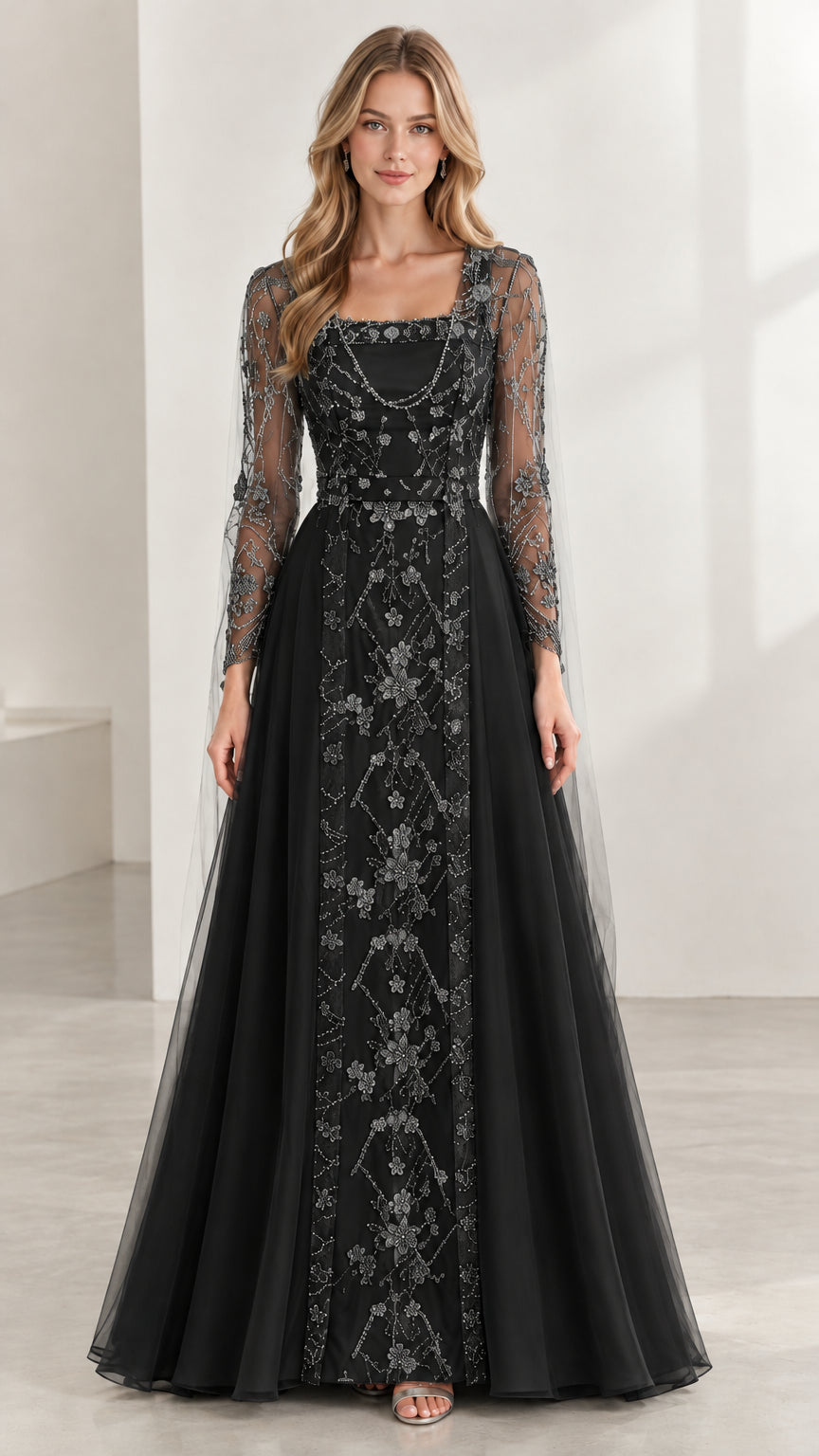 Black embroidered long sleeve A-line formal evening gown