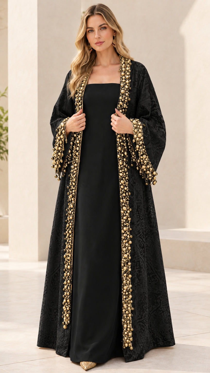 Model in Classic Black beaded jacquard abaya and matching black inner maxi dress