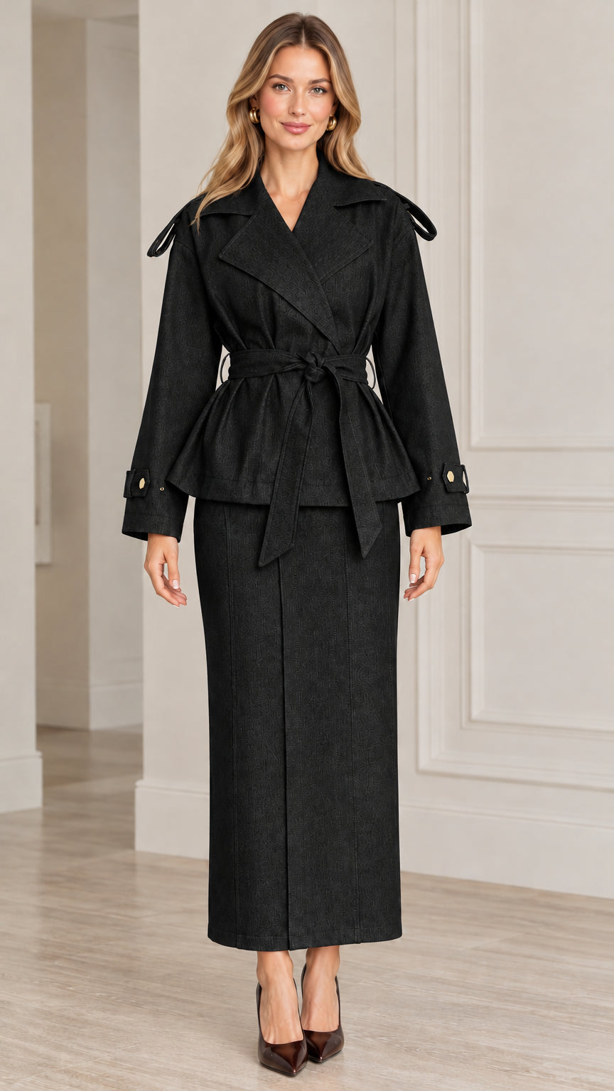 Front view of model wearing Black belted trench jacket and maxi skirt set