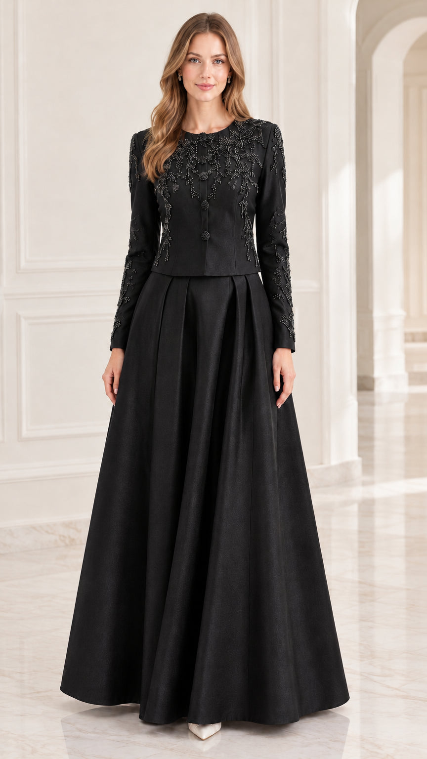 Black long-sleeve beaded formal evening dress on model