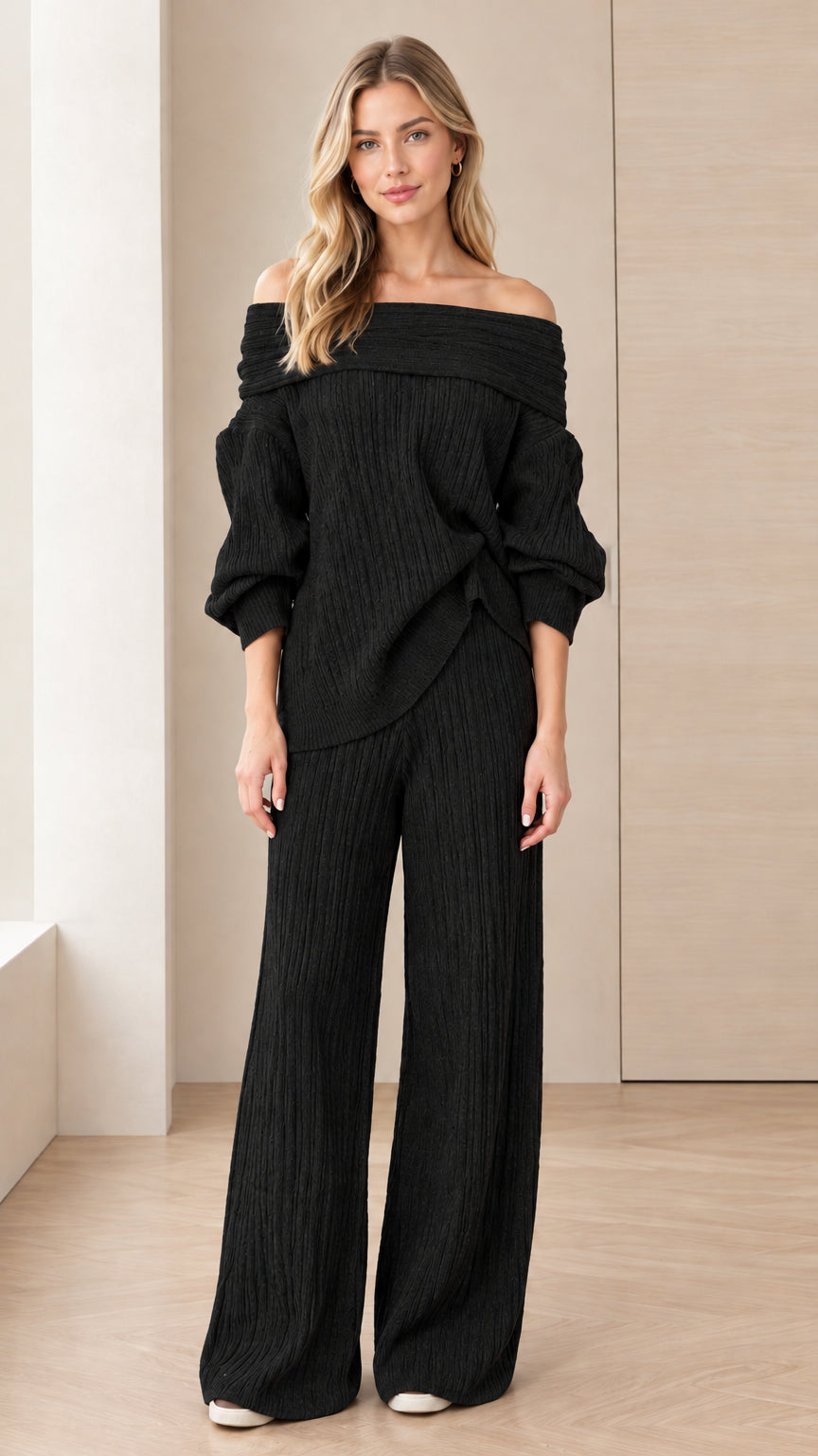 Black off-the-shoulder textured knit top and wide-leg pants two-piece set