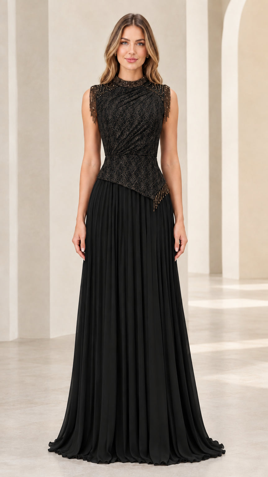 Model wearing black sleeveless high neck beaded pleated evening gown