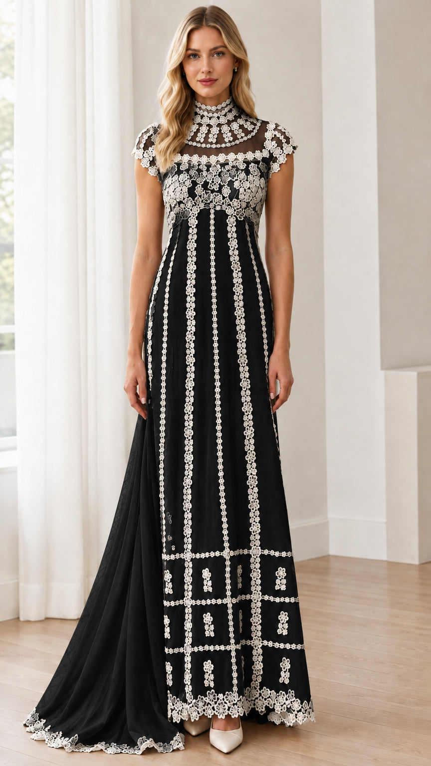 Black high-neck lace formal maxi dress with contrast cream lace