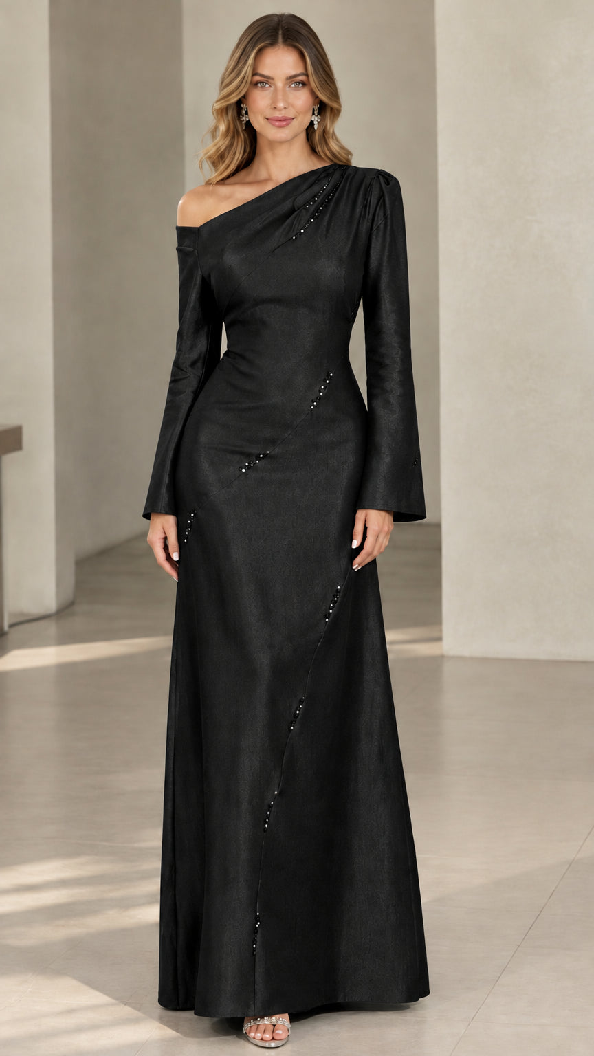 Black one-shoulder long sleeve floor-length formal gown