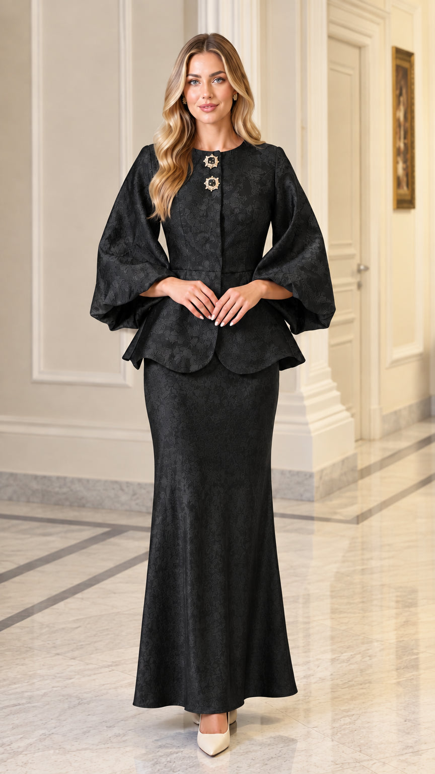 Model wearing black jacquard peplum jacket and maxi skirt formal set