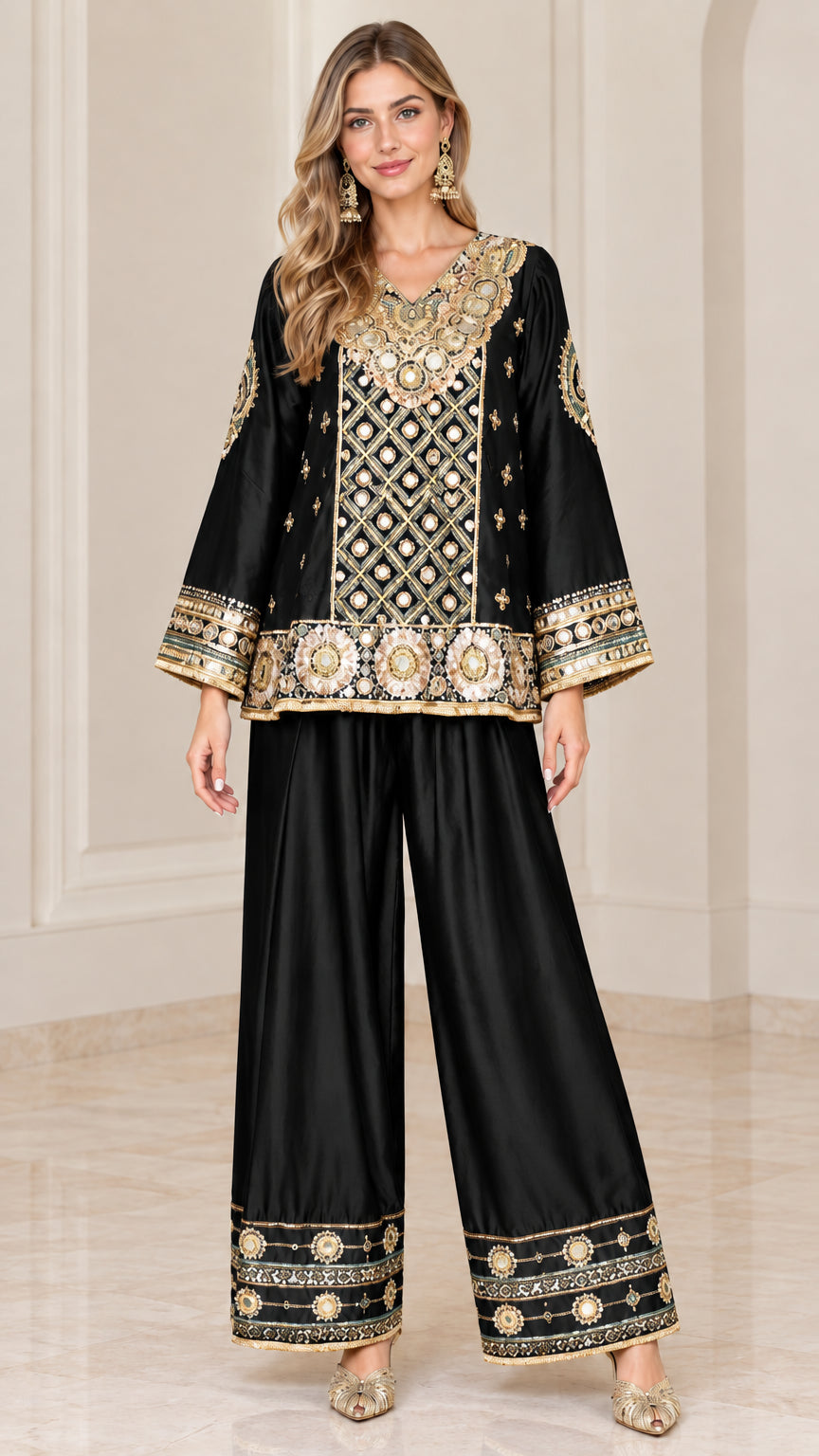 Front view of black embroidered tunic top and wide-leg trousers set