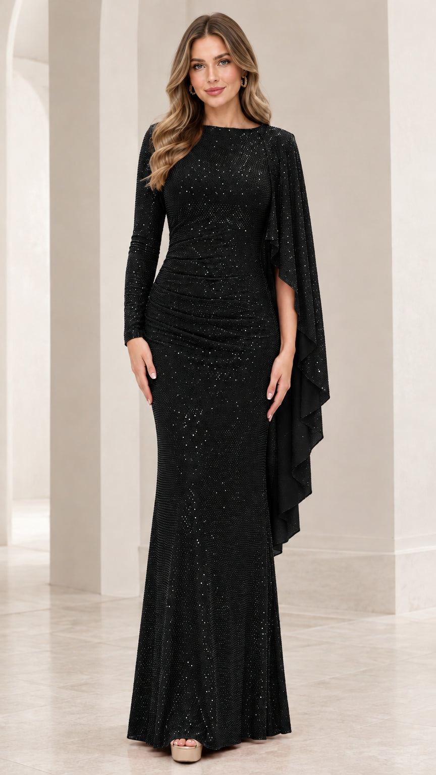 Black sequin floor-length formal evening gown with asymmetric cape sleeve