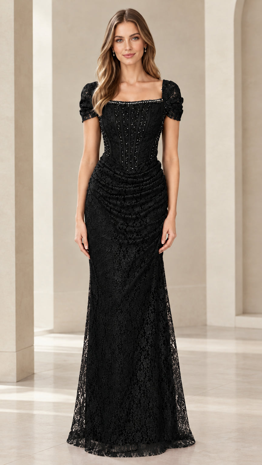 Black floral lace corset evening gown with square neckline