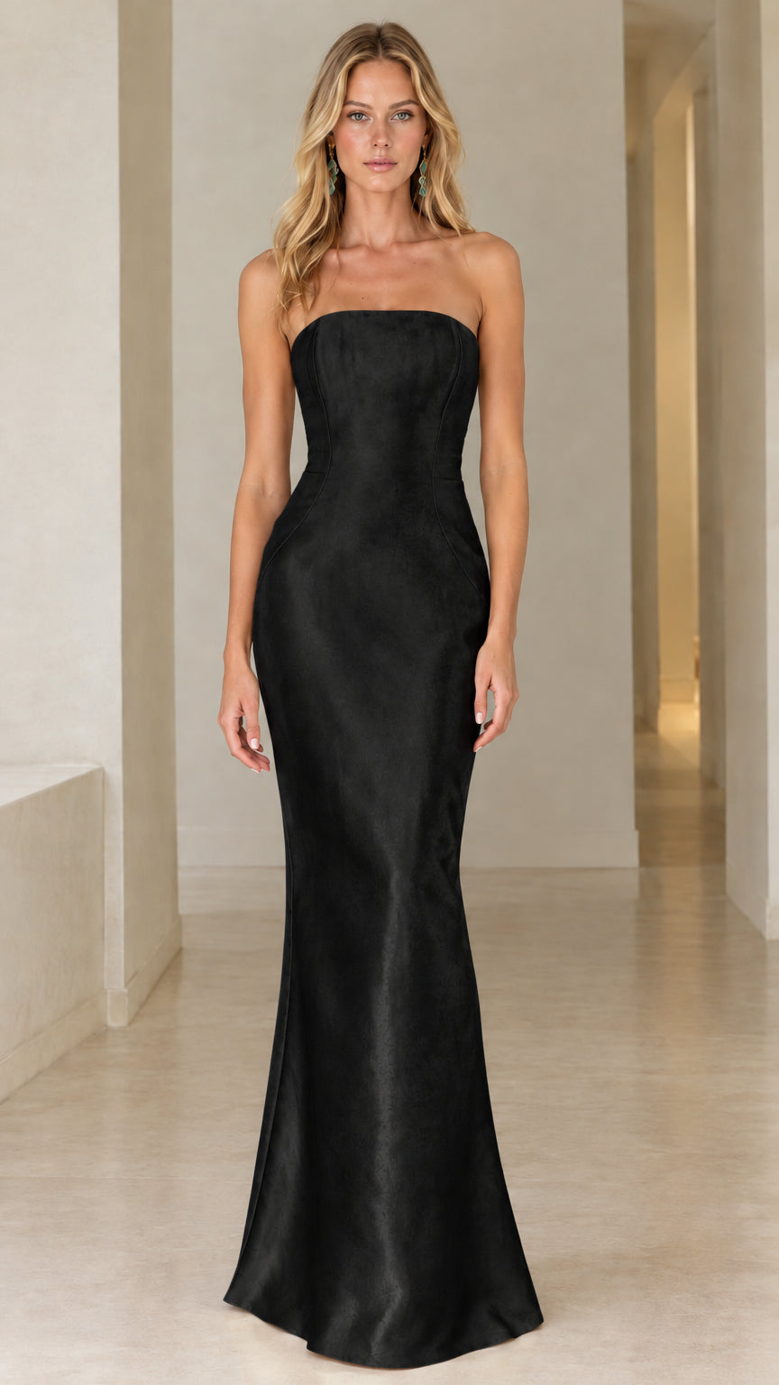 Front view of black strapless satin evening gown on model