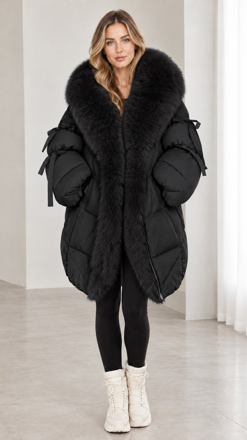 Model wearing black faux fur hooded quilted puffer coat with sleeve bow details