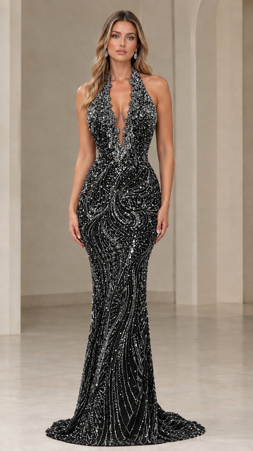 Black beaded halter mermaid evening dress on model