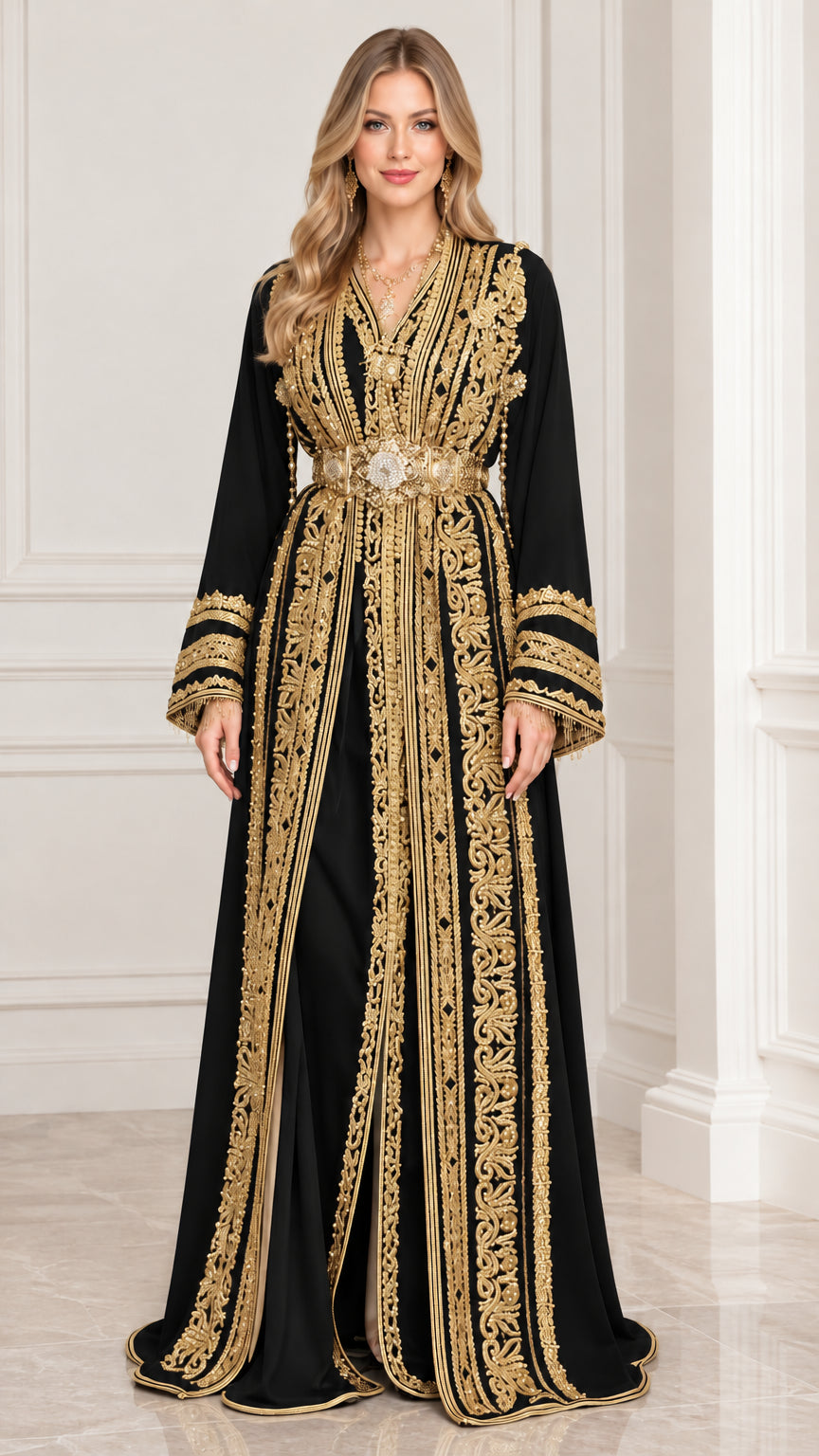 Full front view of black Moroccan caftan gown with gold embroidery