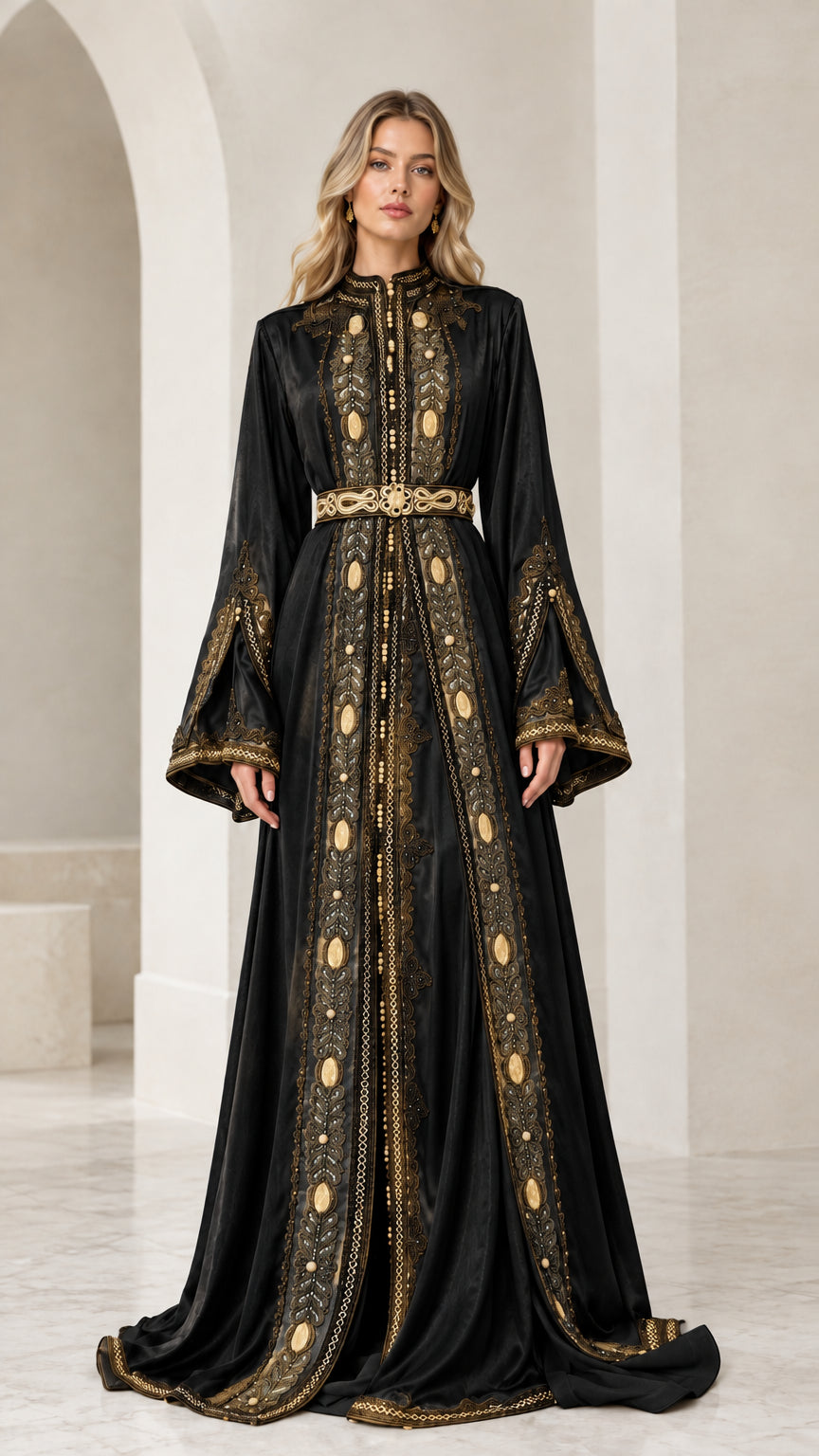 Full front view of Black embroidered metallic kaftan maxi dress with gold detailing