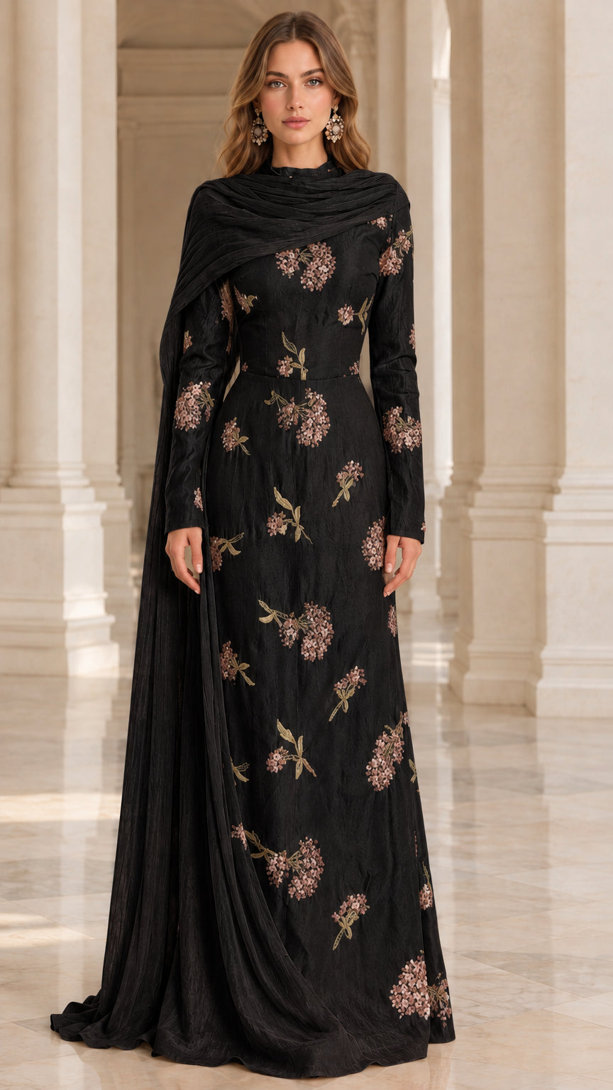 Black long sleeve floral embroidered maxi evening gown