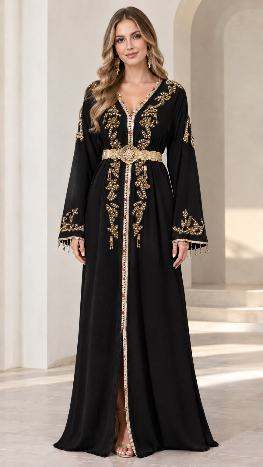 Front view of black embroidered caftan maxi dress with gold accents