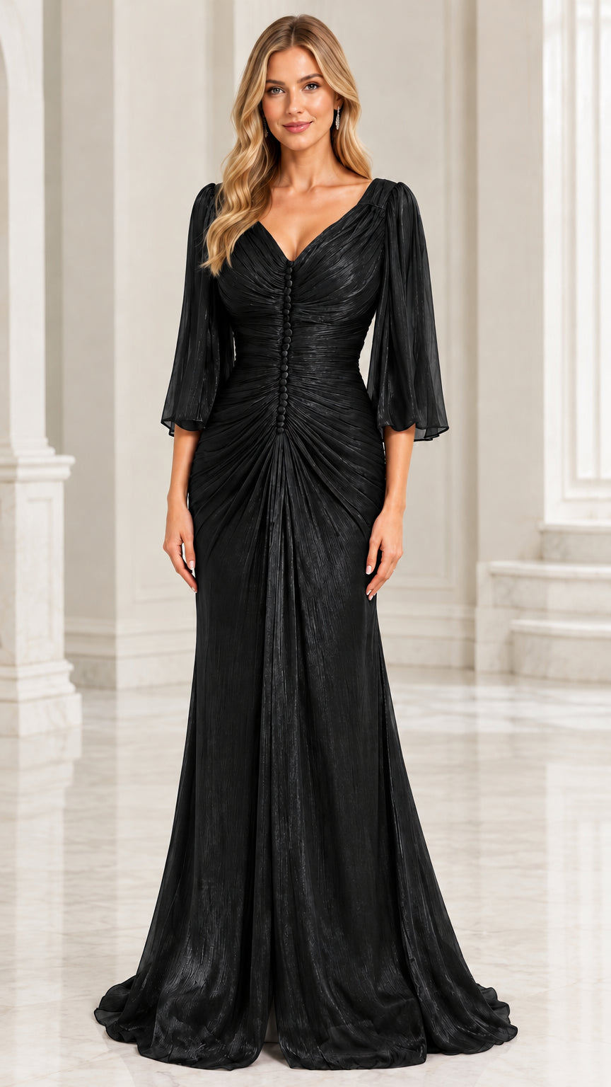 Front view of woman wearing Black ruched V-neck formal evening gown