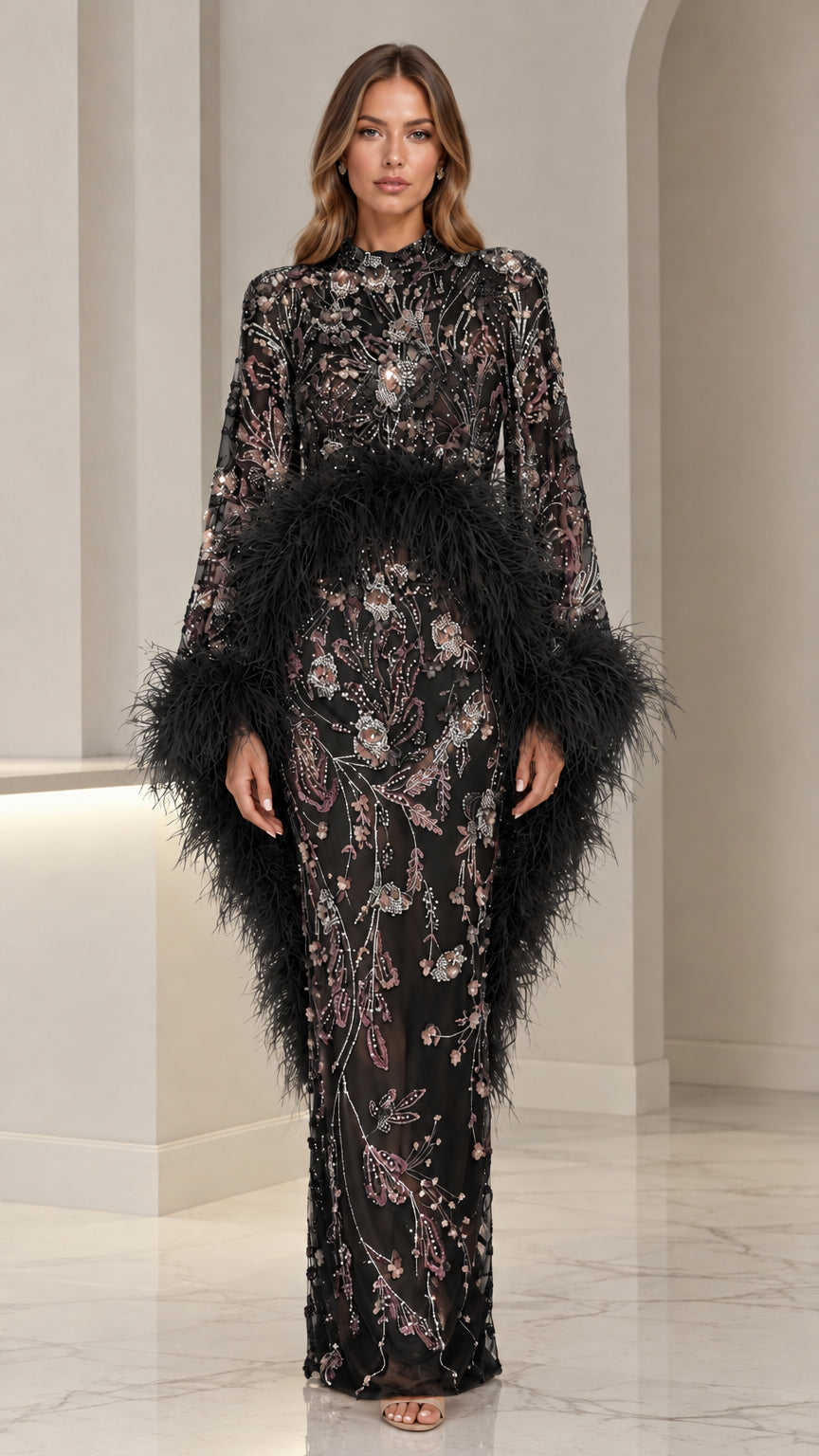 Woman wearing black embellished high-neck column gown with feather detailing