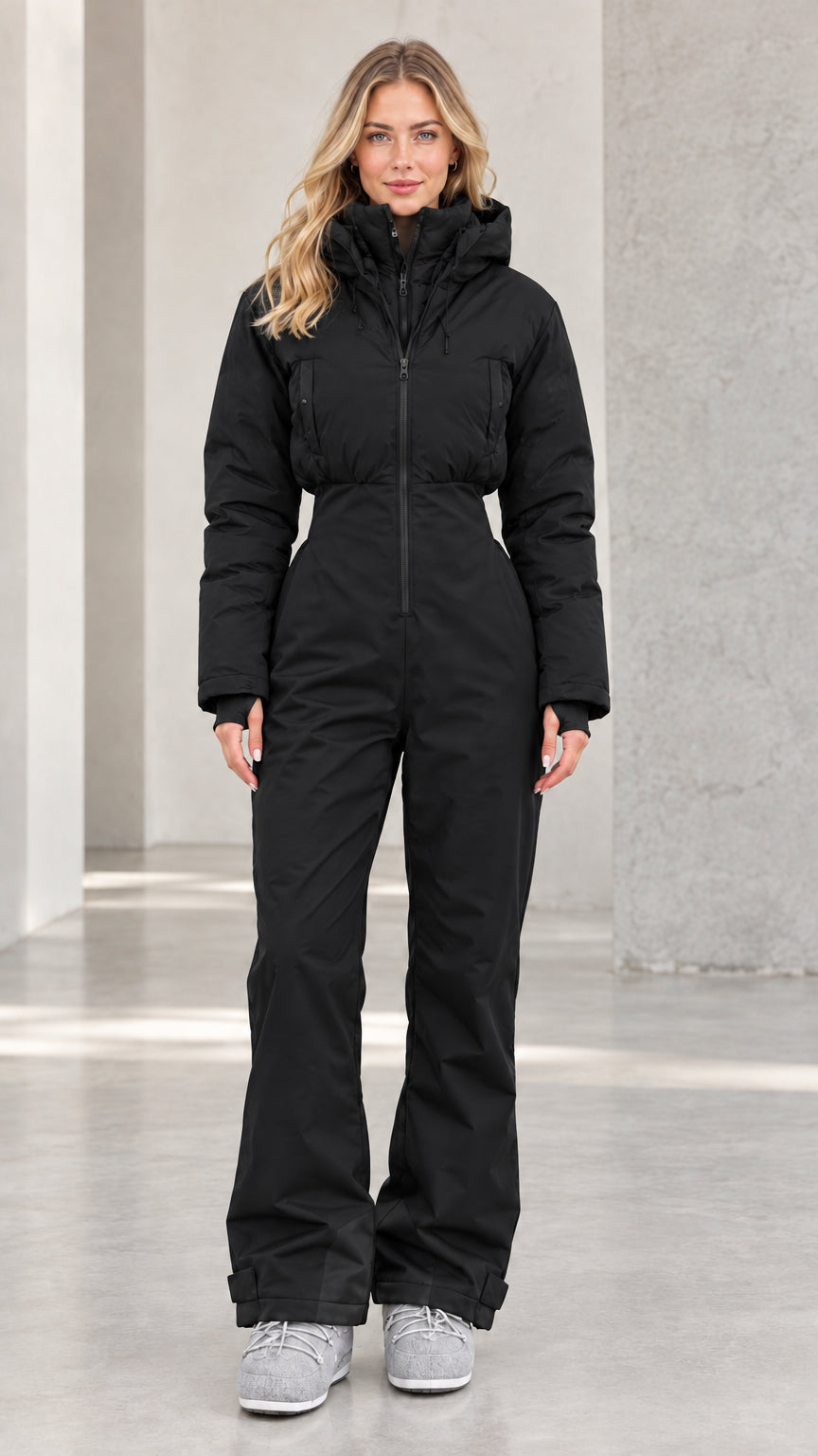 Front view of woman wearing black hooded one-piece ski suit
