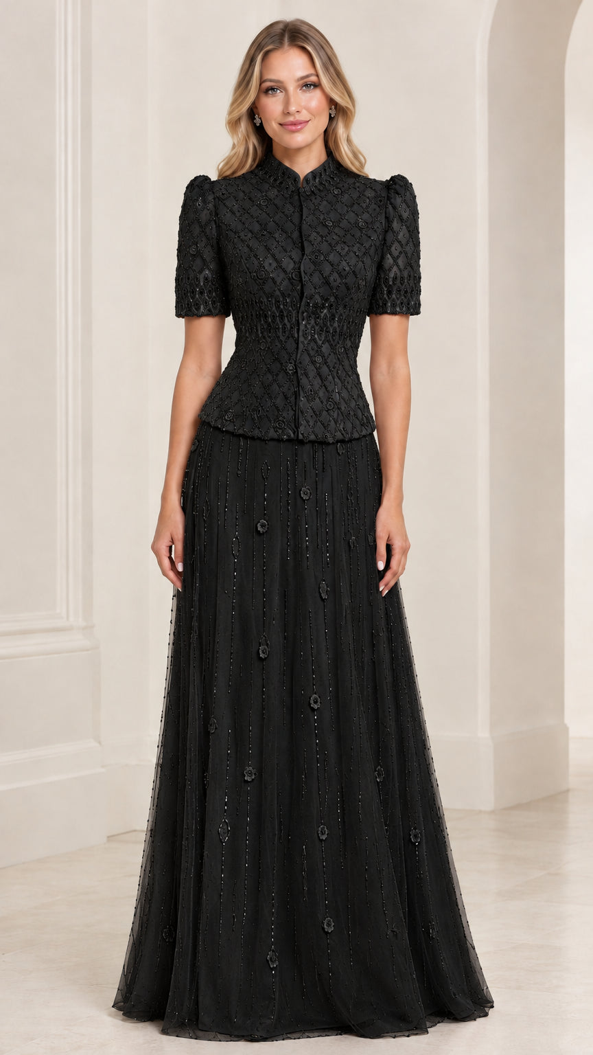 Black embroidered high neck evening gown with short puff sleeves
