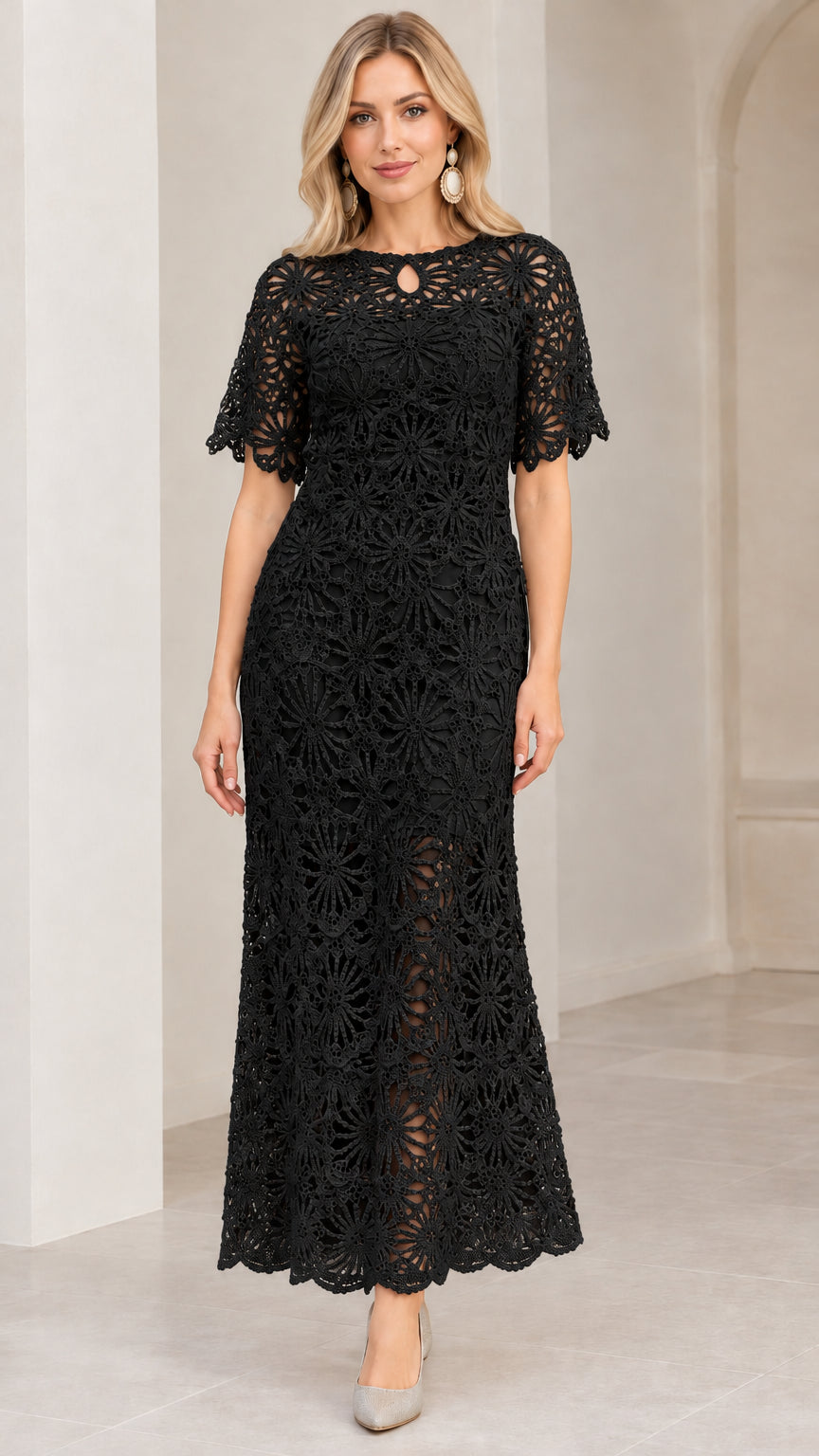 Full front view of Black floral crochet lace short sleeve maxi dress