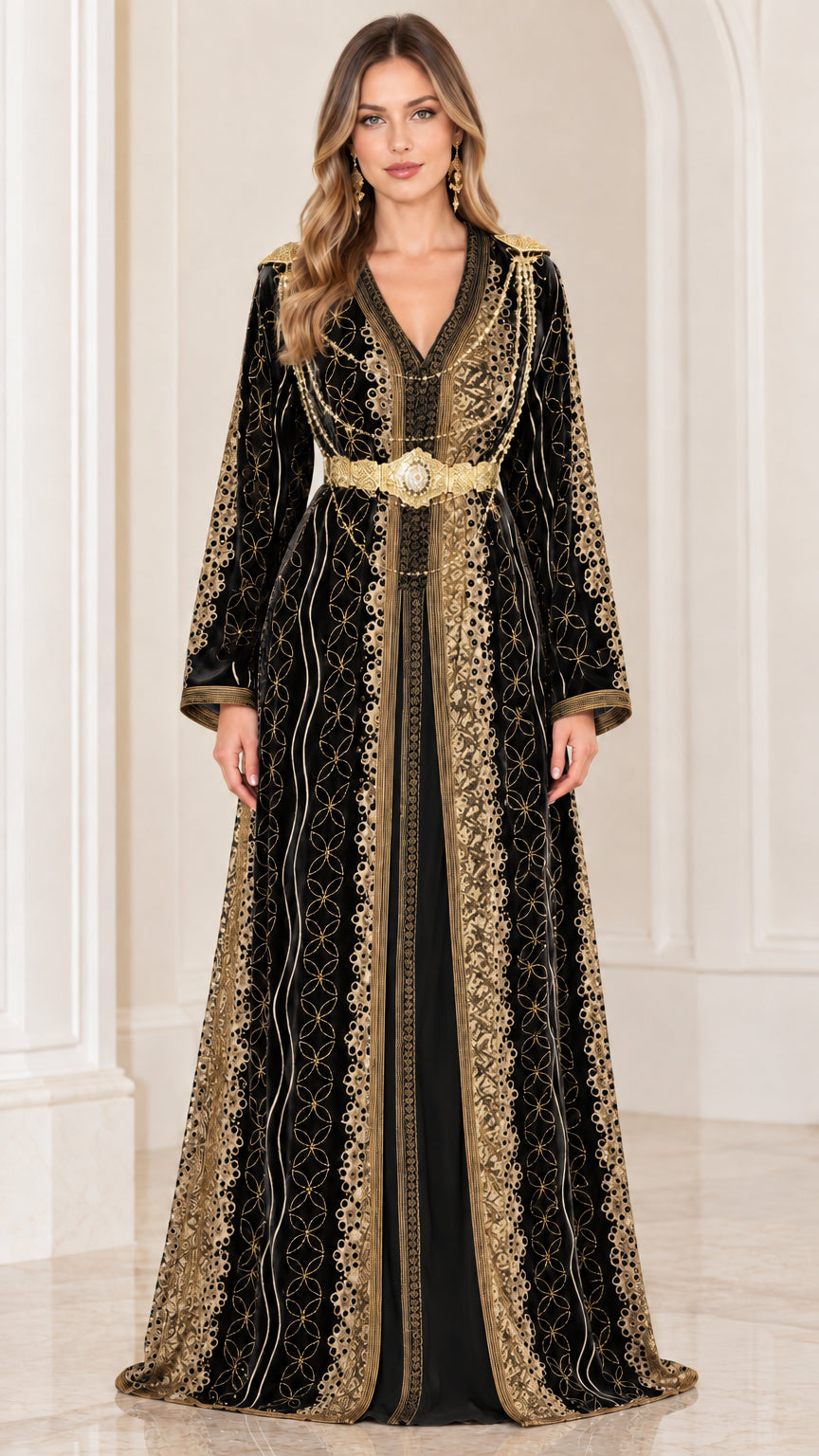 Front full-length view of black embroidered velvet Moroccan kaftan dress